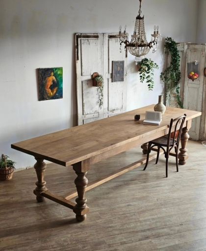 Monumental table en chêne massif 20e siècle 2 tiroirs rallonges