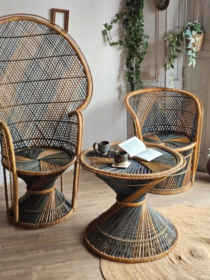 Salon en rotin vintage fauteuil paon style Emmanuelle, fauteuil et table tambour
