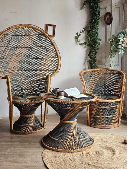 Salon en rotin vintage fauteuil paon style Emmanuelle, fauteuil et table tambour