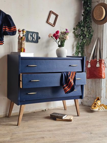 Commode vintage mid-century pieds compas bleu profond 3 tiroirs