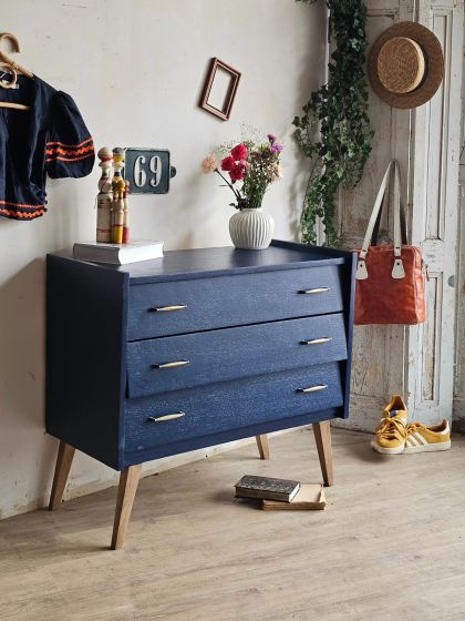 Commode vintage mid-century pieds compas bleu profond 3 tiroirs