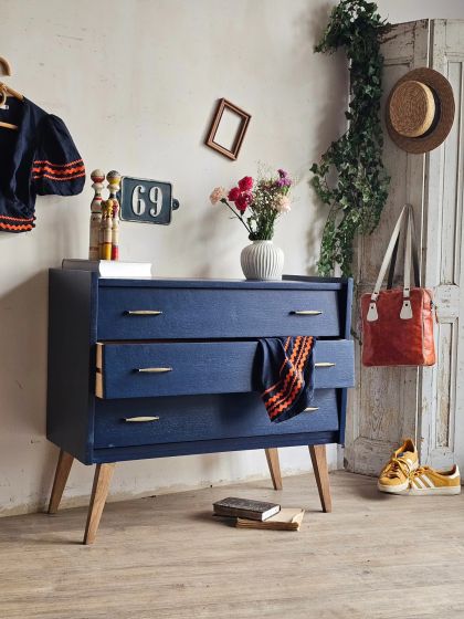 Commode vintage mid-century pieds compas bleu profond 3 tiroirs