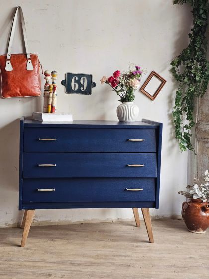 Commode vintage mid-century pieds compas bleu profond 3 tiroirs