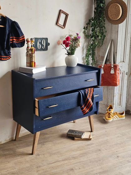 Commode vintage mid-century pieds compas bleu profond 3 tiroirs