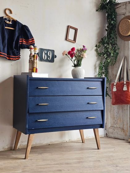 Commode vintage mid-century pieds compas bleu profond 3 tiroirs