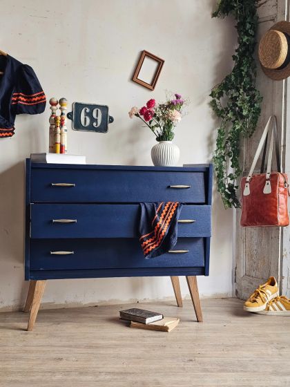 Commode vintage mid-century pieds compas bleu profond 3 tiroirs