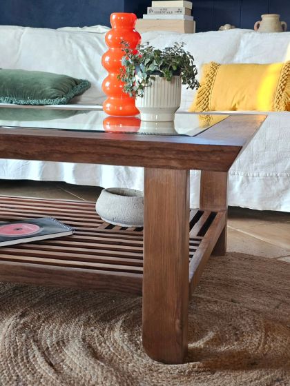 Table basse massive en teck plateau verre biseauté