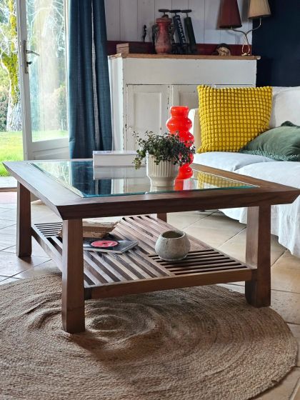 Table basse massive en teck plateau verre biseauté
