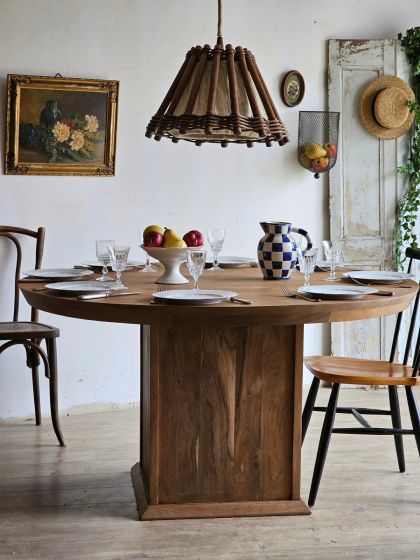 Grande table ronde massif en merisier pied central