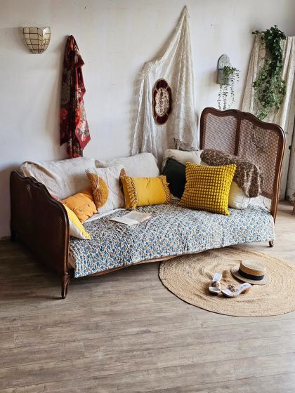 Ancien lit banquette canné Louis Philippe XXe