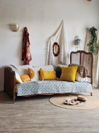 Ancien lit banquette canné Louis Philippe XXe