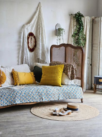 Ancien lit banquette canné Louis Philippe XXe