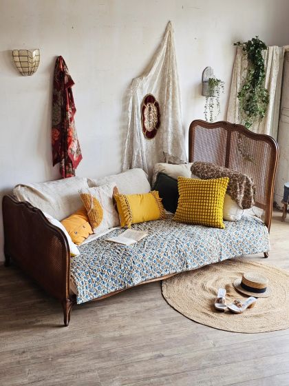 Ancien lit banquette canné Louis Philippe XXe