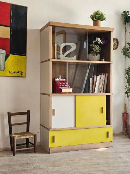 Bibliothèque vitrine années 50/60 à portes coulissantes