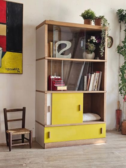Bibliothèque vitrine années 50/60 à portes coulissantes
