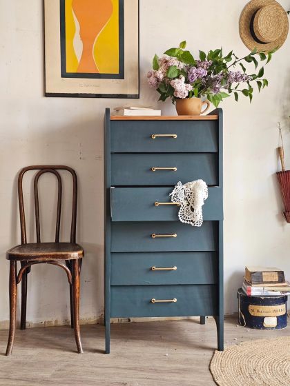 Ancien semainier chiffonnier haut années 50 60 six tiroirs
