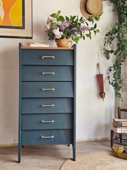 Ancien semainier chiffonnier haut années 50 60 six tiroirs