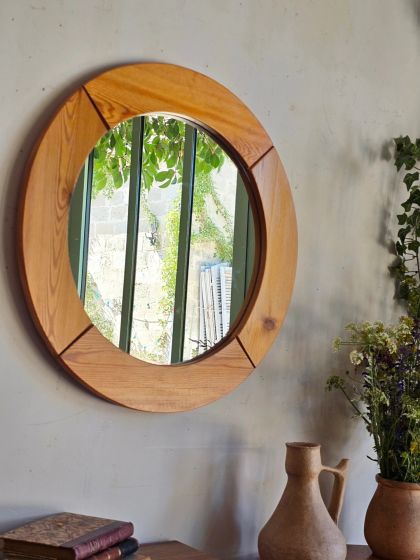 Grand miroir rond mural vintage, fin années 60 début 70