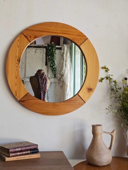 Grand miroir rond mural vintage, fin années 60 début 70