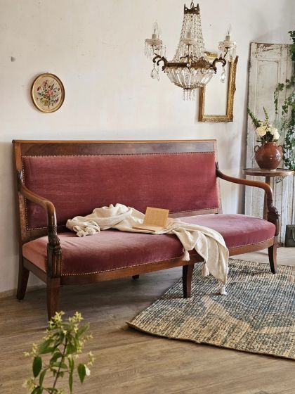 Ancienne grande banquette Restauration circa 1820 en noyer.
