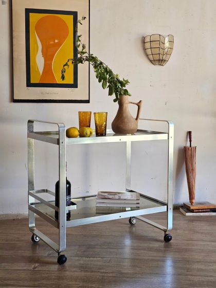 Ancienne desserte roulante en aluminium et verre fumé Martini Rossi années 70