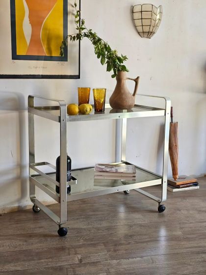 Ancienne desserte roulante en aluminium et verre fumé Martini Rossi années 70