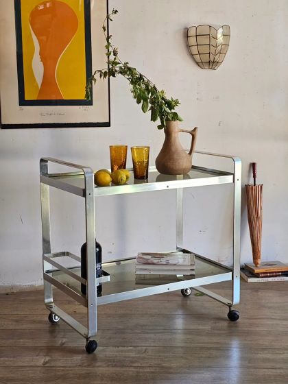 Ancienne desserte roulante en aluminium et verre fumé Martini Rossi années 70
