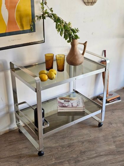 Ancienne desserte roulante en aluminium et verre fumé Martini Rossi années 70