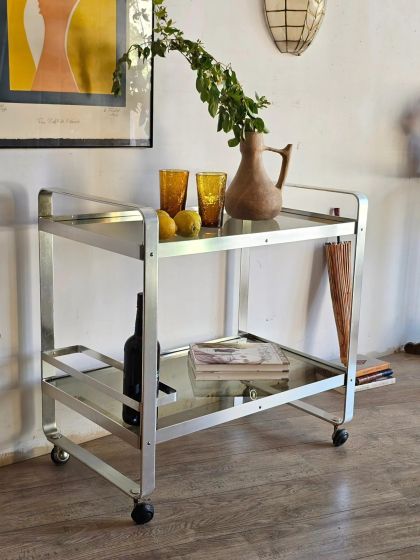 Ancienne desserte roulante en aluminium et verre fumé Martini Rossi années 70