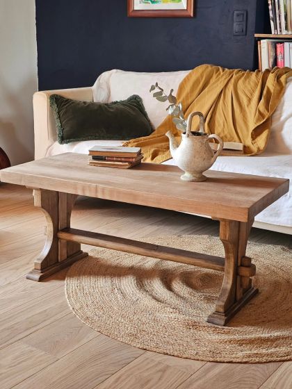 Ancienne table basse en hêtre et chêne élégant piètement