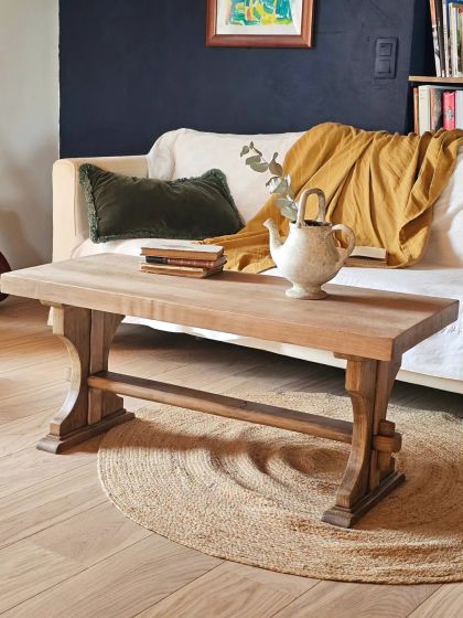 Ancienne table basse en hêtre et chêne élégant piètement