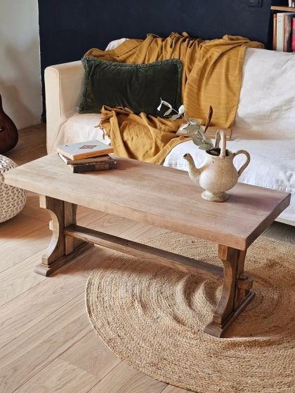 Ancienne table basse en hêtre et chêne élégant piètement
