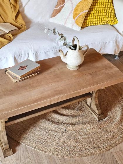 Ancienne table basse en hêtre et chêne élégant piètement