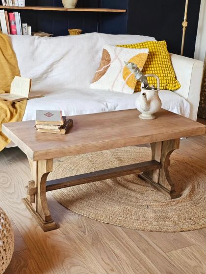 Ancienne table basse en hêtre et chêne élégant piètement