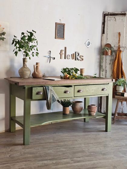 Ancien grand comptoir de fleuriste, meuble de métier établi