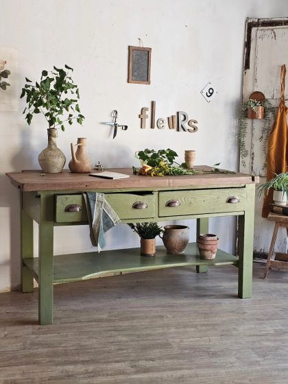 Ancien grand comptoir de fleuriste, meuble de métier établi