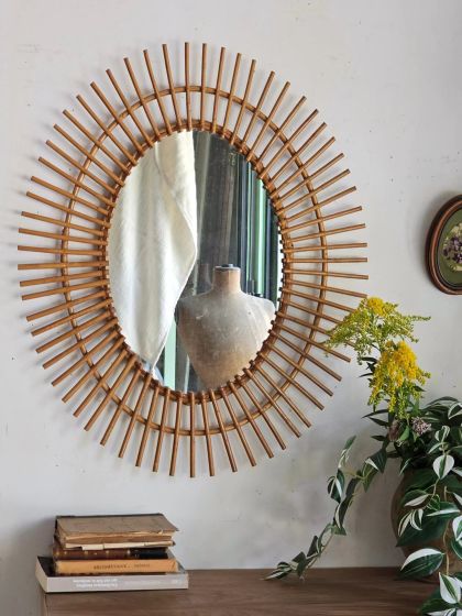 Grand miroir ovale en rotin des années 60