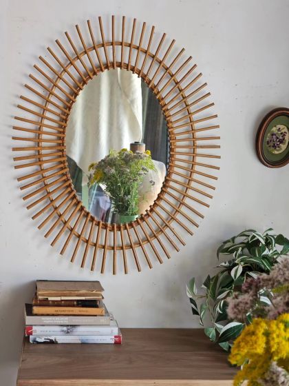 Grand miroir ovale en rotin des années 60
