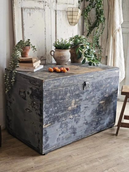 Ancien grand coffre XXL superbe patine bleu-gris