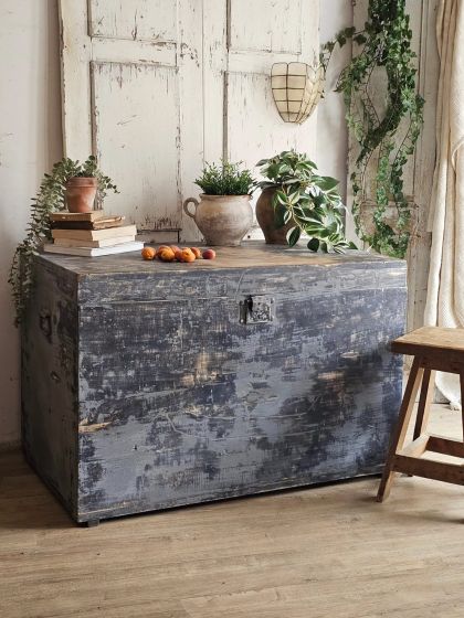 Ancien grand coffre XXL superbe patine bleu-gris