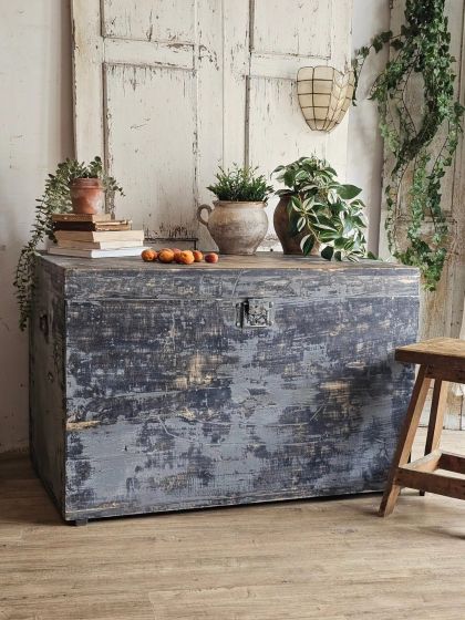 Ancien grand coffre XXL superbe patine bleu-gris