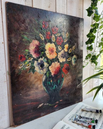 Belle ancienne peinture à l'huile sur isorel signée Marcel Bouyeron bouquet de fleurs