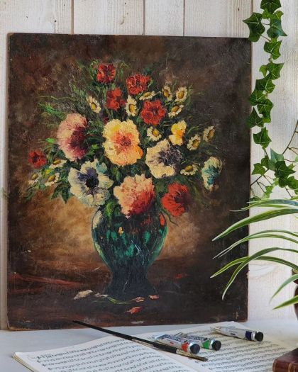 Belle ancienne peinture à l'huile sur isorel signée Marcel Bouyeron bouquet de fleurs
